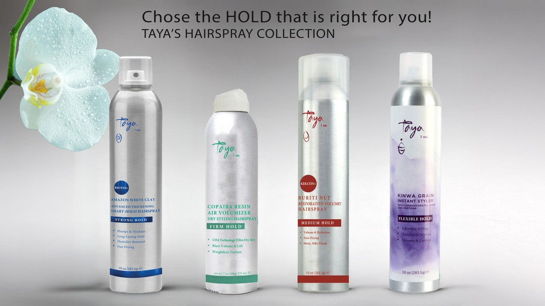  Image showing Taya's four different Hairsprays organized by their holding intensity