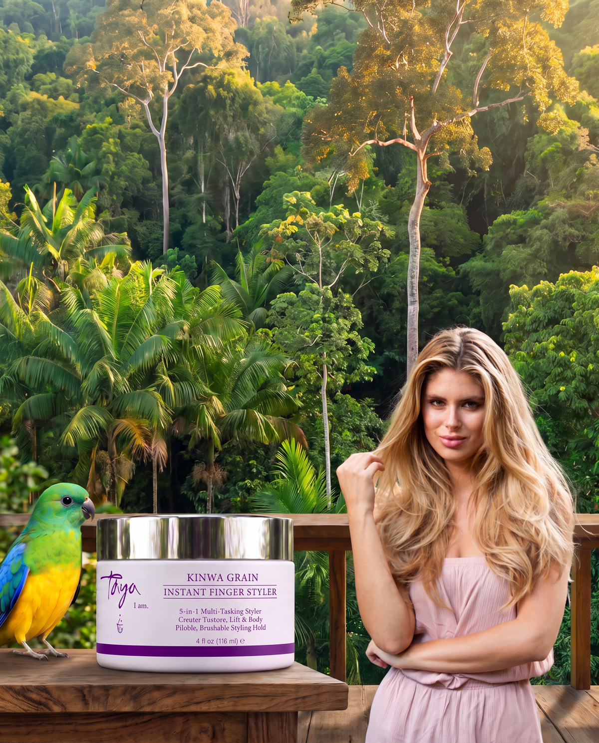 TAYA Kinwa Grain Instant Finger Styler with a colorful bird and blonde model on an Amazon rainforest balcony