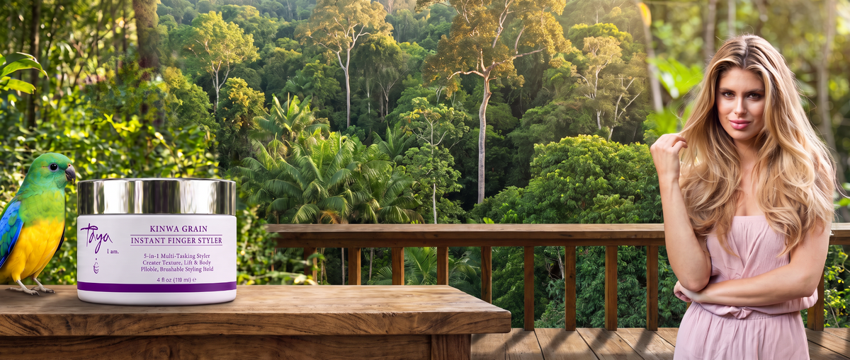 TAYA Kinwa Grain Instant Finger Styler and bird on a wooden podium with a model on an Amazon rainforest balcony